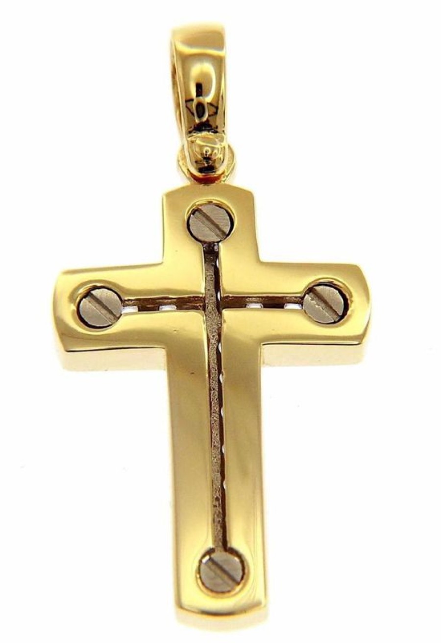 Vaticanum Gioielli in Oro Croce Design Stile Moderno Con Viti Ciondolo Pendente Gr 13 Bicolore Oro Massiccio Giallo Bianco 18Kt Da Uomo First Communion