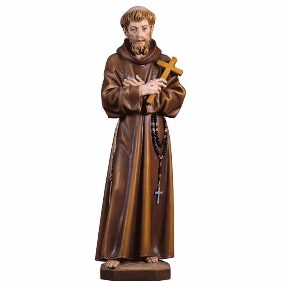 ULPE Sculture Sacre in legno Val Gardena Statua San Francesco D´Assisi Con Croce Cm 70 (27,6 Inch) Dipinta Ad Olio In Legno Val Gardena Cross Pendant