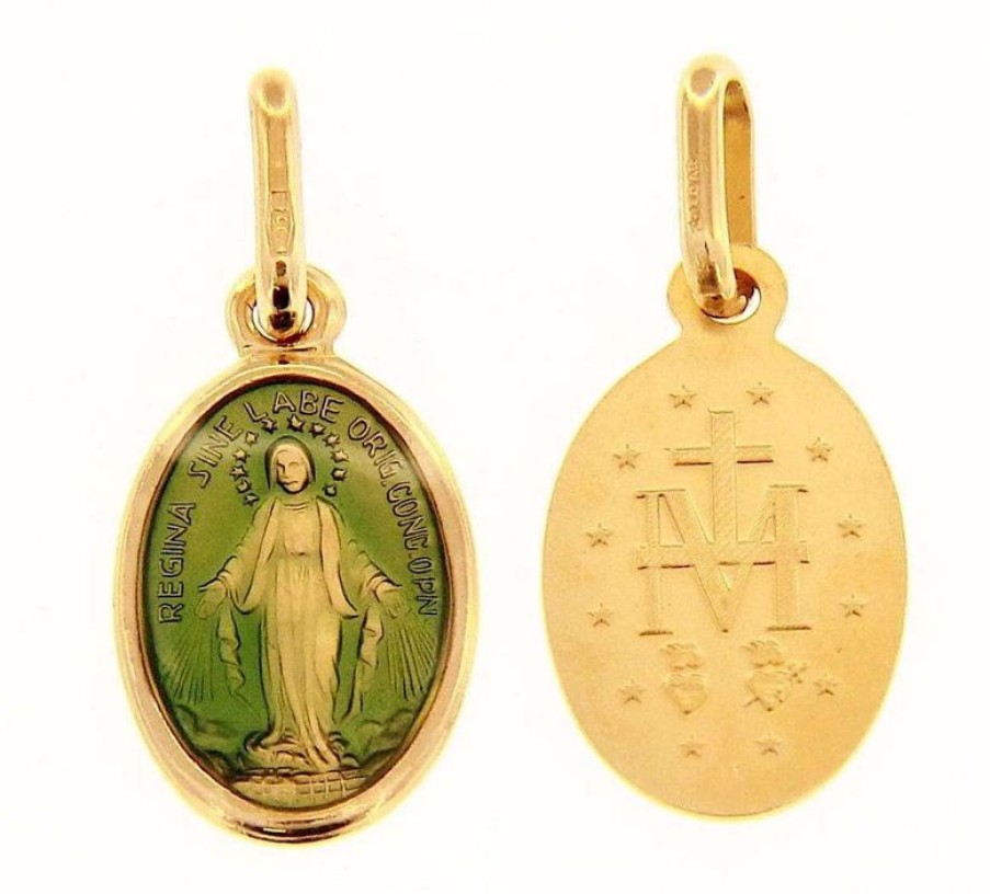 Vaticanum Gioielli in Oro Madonna Miracolosa Medaglia Sacra Pendente Ovale Conio Gr 1,5 Oro Giallo 18Kt Con Smalto Verde Da Donna Baptism