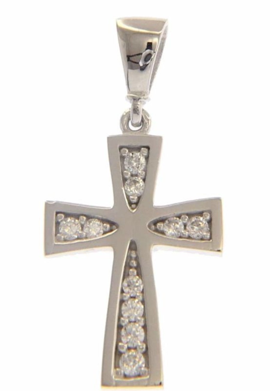 Vaticanum Gioielli in Oro Croce Svasata Con Punti Luce Ciondolo Pendente Gr 1,45 Oro Bianco 18Kt Con Zirconi Da Donna First Communion