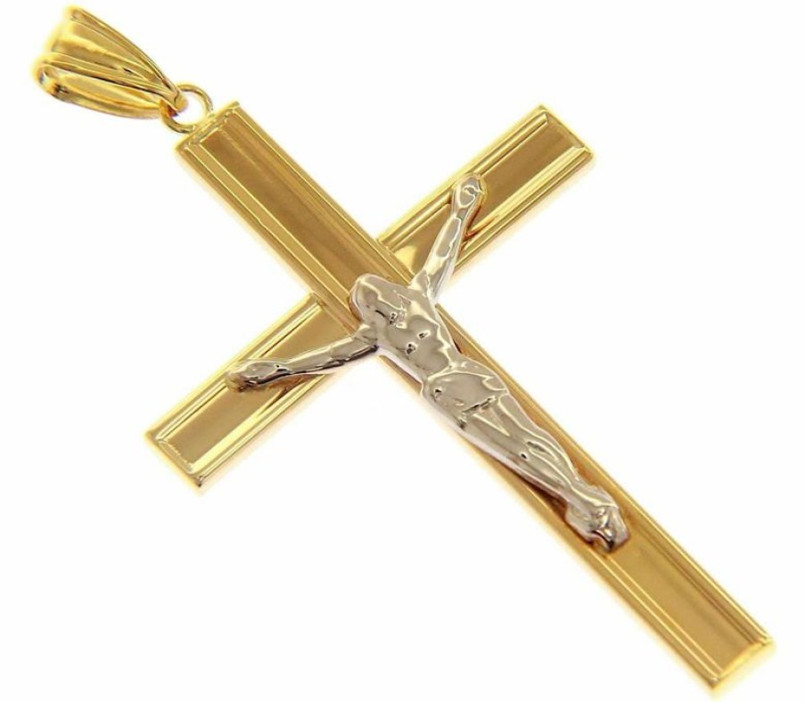 Vaticanum Gioielli in Oro Croce Dritta Concava Con Corpo Di Cristo Ciondolo Pendente Gr 1,95 Bicolore Oro Giallo Bianco 18Kt A Canna Vuota Uni Donna Uomo First Communion