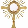 MAS Arredi sacri in Oro e Argento Ostensorio Teca Con Lunetta Ostia Magna Cm 12,5 (4,9 In) Cm 56X36 (22.0X14,2 Inch) Liscio Satinato Evangelisti Raggiera Ottone Santissimo Sacramento Church Furniture