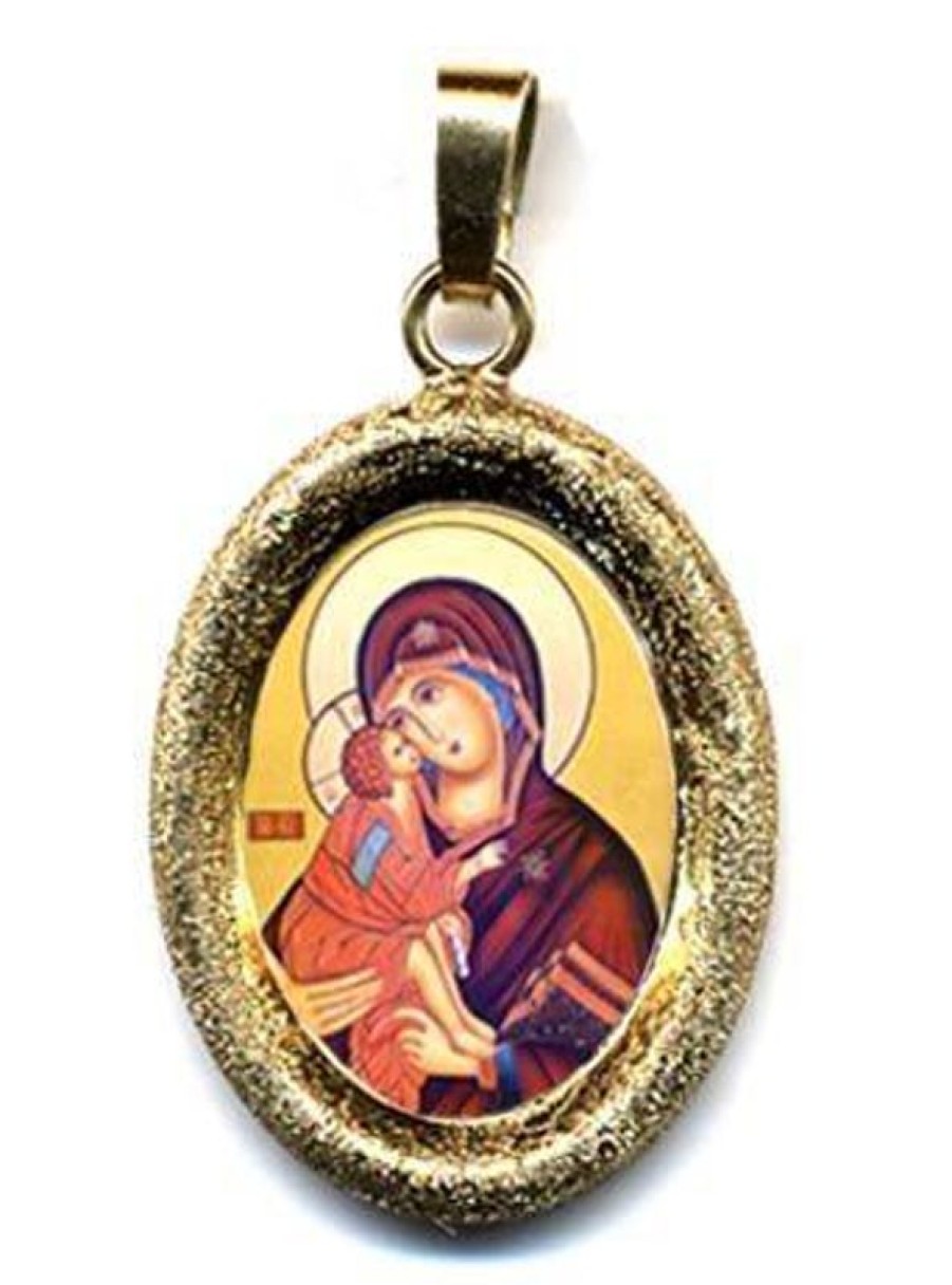 EB Arte Sacra La Vergine Di Vladimir Ciondolo Pendente Ovale Diamantato Mm 19X24 (0,75X0,95 Inch) Argento Placcato Oro E Porcellana Uni Uomo Donna Italian Rosaries & Made In Italy Jewelry