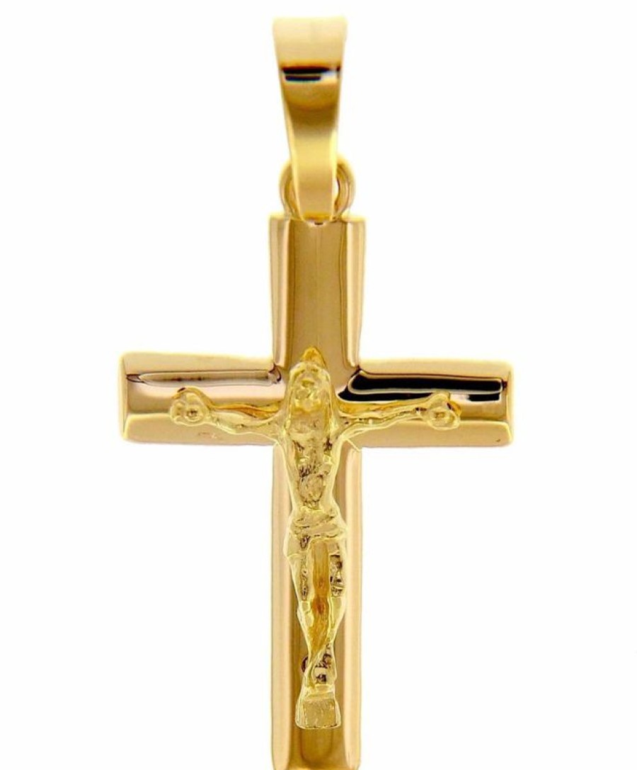 Vaticanum Gioielli in Oro Croce Dritta Con Corpo Di Cristo Piccola Ciondolo Pendente Gr 4,6 Oro Giallo Massiccio 18Kt Da Uomo First Communion