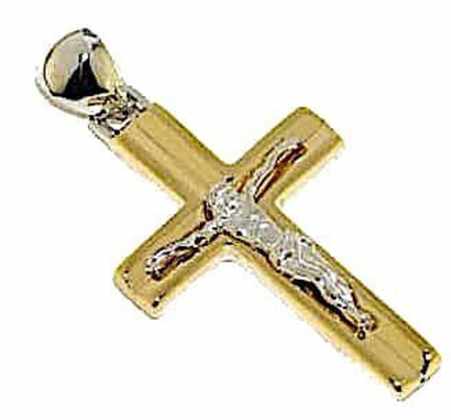 Vaticanum Gioielli in Oro Croce Dritta Con Corpo Di Cristo Concava Ciondolo Pendente Gr 3,3 Bicolore Oro Giallo Bianco 18Kt A Canna Vuota Uni Donna Uomo First Communion