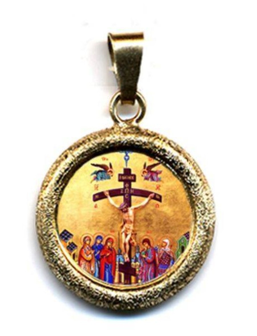 EB Arte Sacra Crocifissione Ciondolo Pendente Tondo Diamantato Diam Mm 19 (0,75 Inch) Argento Placcato Oro E Porcellana Uni Uomo Donna Confirmation