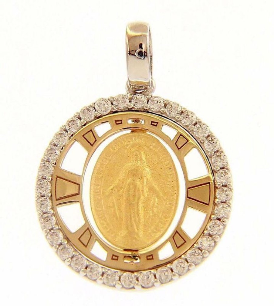 Vaticanum Gioielli in Oro Madonna Miracolosa Regina Sine Labe Originali Concepta O.P.N. Punti Luce Medaglia Sacra Pendente Tonda Gr 2,3 Bicolore Oro Giallo Bianco 18Kt Con Zirconi Da Donna Italian Rosaries & Made In Italy Jewelry