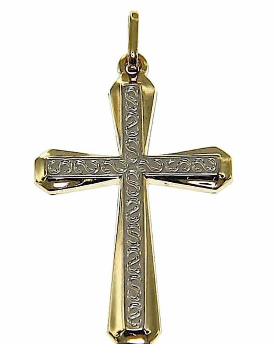 Vaticanum Gioielli in Oro Croce Doppia Decorata Ciondolo Pendente Gr 0,8 Bicolore Oro Giallo Bianco 9Kt Uni Donna Uomo First Communion