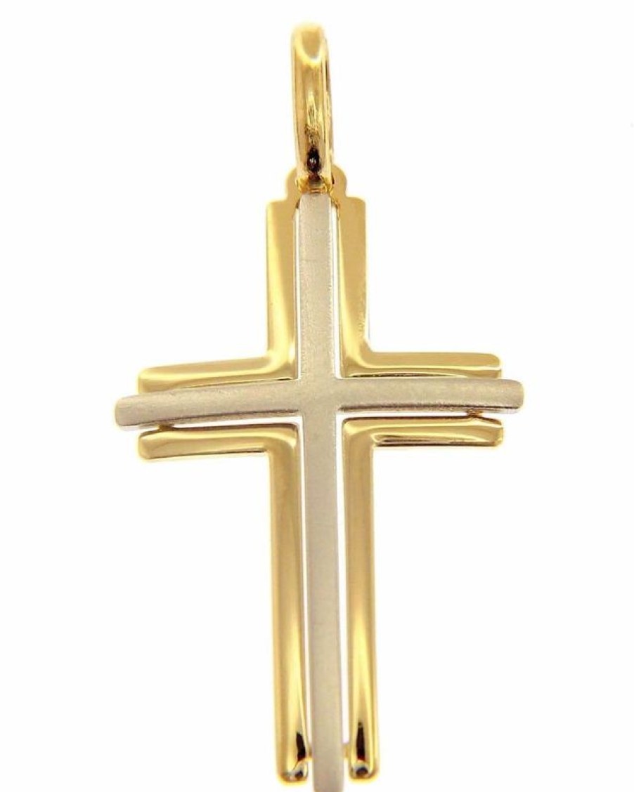 Vaticanum Gioielli in Oro Croce Doppia Ad Arco Traforata Ciondolo Pendente Gr 1,6 Bicolore Oro Massiccio Giallo Bianco 18Kt Uni Donna Uomo First Communion