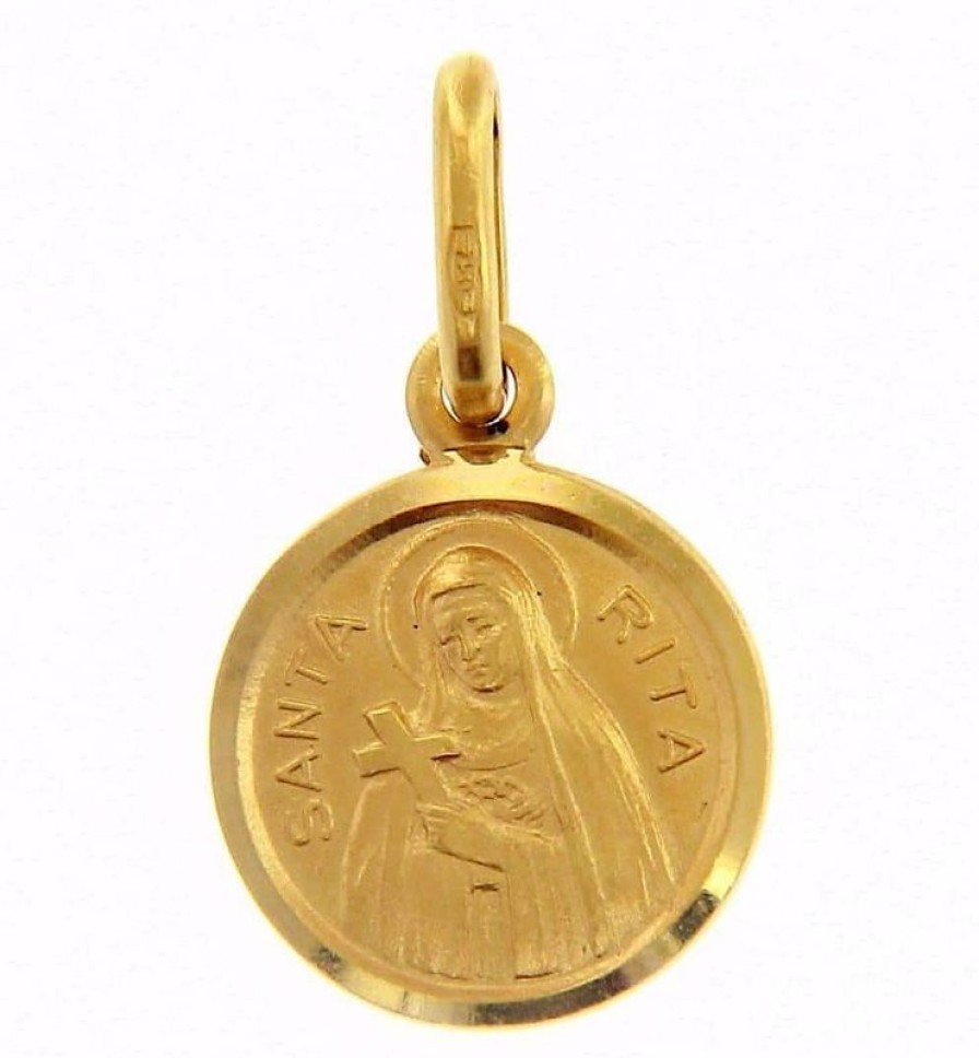 Vaticanum Gioielli in Oro Santa Rita Con Croce E Aureola Medaglia Sacra Pendente Tonda Conio Gr 1,3 Oro Giallo 18Kt Con Bordo Liscio Uni Donna Uomo Confirmation