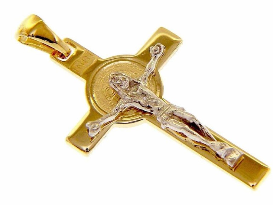 Vaticanum Gioielli in Oro Croce Di San Benedetto Con Inri Ciondolo Pendente Gr 3 Bicolore Oro Massiccio Giallo Bianco 18Kt Uni Donna Uomo First Communion