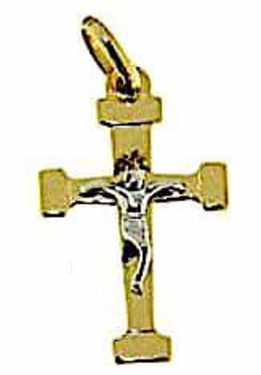 Vaticanum Gioielli in Oro Croce Dritta Con Corpo Di Cristo Ciondolo Pendente Gr 1,05 Bicolore Oro Giallo Bianco 18Kt Lastra Stampata A Rilievo Uni Donna Uomo First Communion