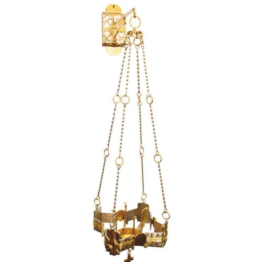 SEA Oggetti Liturgici in Oro e Argento Portalampada A Sospensione Santissimo Sacramento H. Cm 80 (31,5 Inch) Croci Dorate In Ottone Lampada A Catene Porta Cero Chiesa Church Furniture