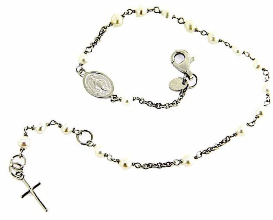 Vaticanum Gioielli in Oro Bracciale Rosario Con Medaglia Madonna Miracolosa E Croce Gr 3,1 Oro Bianco 18Kt Con Perle Da Donna Baptism