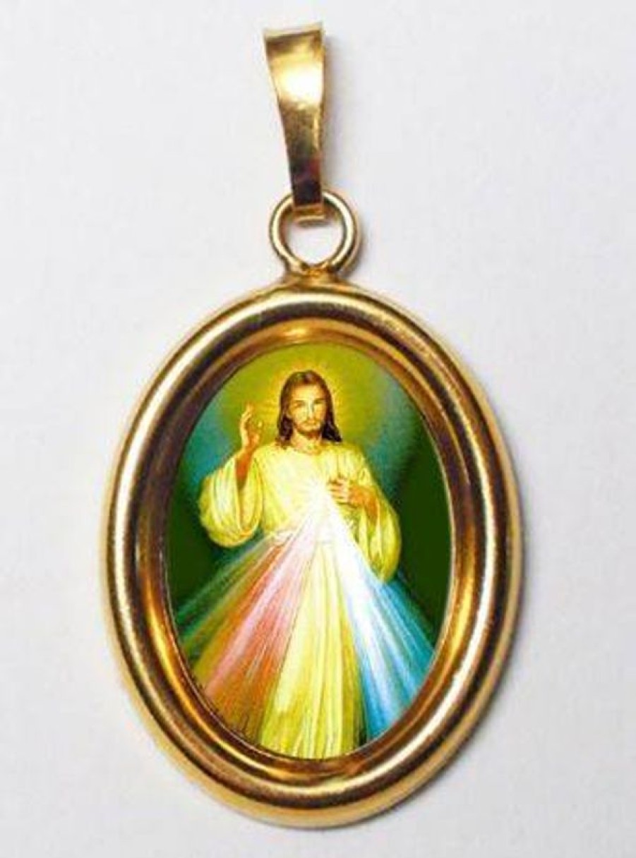 EB Arte Sacra Gesu Misericordioso Ciondolo Pendente Ovale Mm 19X24 (0,75X0,95 Inch) Argento Placcato Oro E Porcellana Uni Uomo Donna Baptism