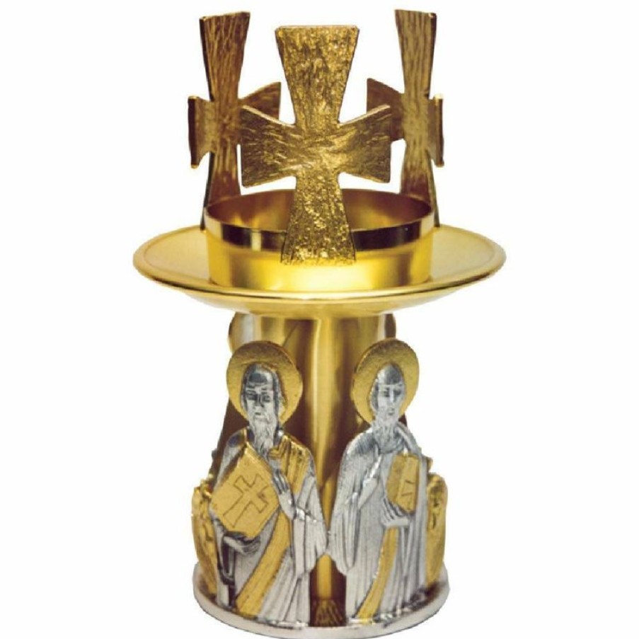 SEA Oggetti Liturgici in Oro e Argento Portalampada Altare Santissimo Sacramento H. Cm 23 (9,1 Inch) Evangelisti In Ottone Bicolore Lampada Da Mensa Porta Cero Chiesa Church Furniture