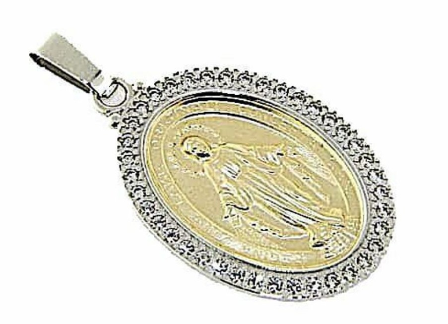 Vaticanum Gioielli in Oro Madonna Miracolosa Con Corona Punti Luce Medaglia Sacra Pendente Ovale Conio Gr 9,9 Bicolore Oro Giallo Bianco 18Kt Con Zirconi Da Donna Baptism