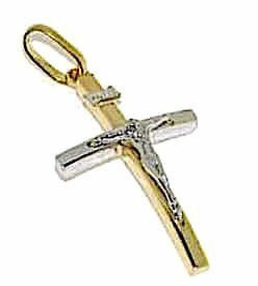 Vaticanum Gioielli in Oro Croce Dritta Moderna Con Corpo Di Cristo E Inri Ciondolo Pendente Gr 1,4 Bicolore Oro Giallo Bianco 18Kt A Canna Vuota Uni Donna Uomo First Communion