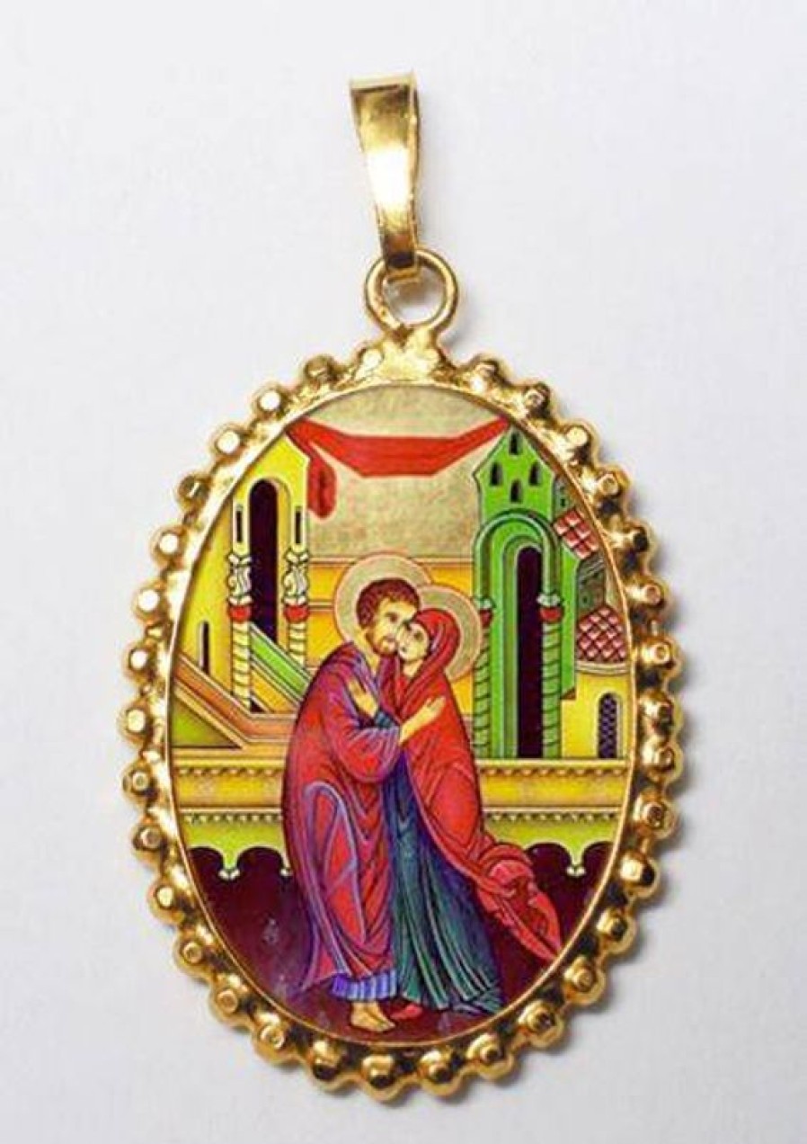 EB Arte Sacra L\\\\\\\\' Abbraccio Degli Sposi Sant\\\\\\\\' Anna E San Gioacchino Ciondolo Pendente Ovale A Corona Mm 24X30 (0,94X1,18 Inch) Argento Placcato Oro E Porcellana Da Donna Italian Rosaries & Made In Italy Jewelry