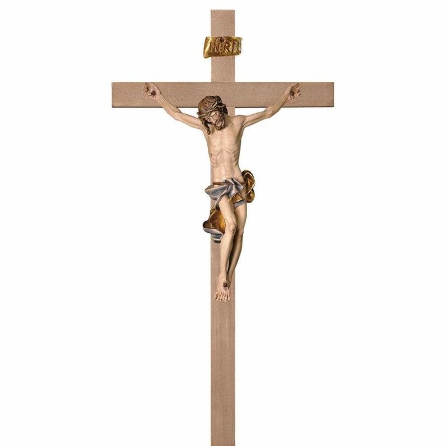 ULPE Crocifisso Nazareno Barocco Romanico Crocifisso Barocco Blu Su Croce Liscia Cm 280X140 (110,2X55,1 Inch) Scultura Da Parete Dipinta Ad Olio In Legno Val Gardena Saints Statues