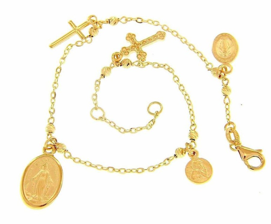 Vaticanum Gioielli in Oro Bracciale Rosario Con 3 Medaglie 2 Croci Gr 5 Oro Giallo 18Kt Con Sfere Diamantate Donna Bimba Bimbo Baptism