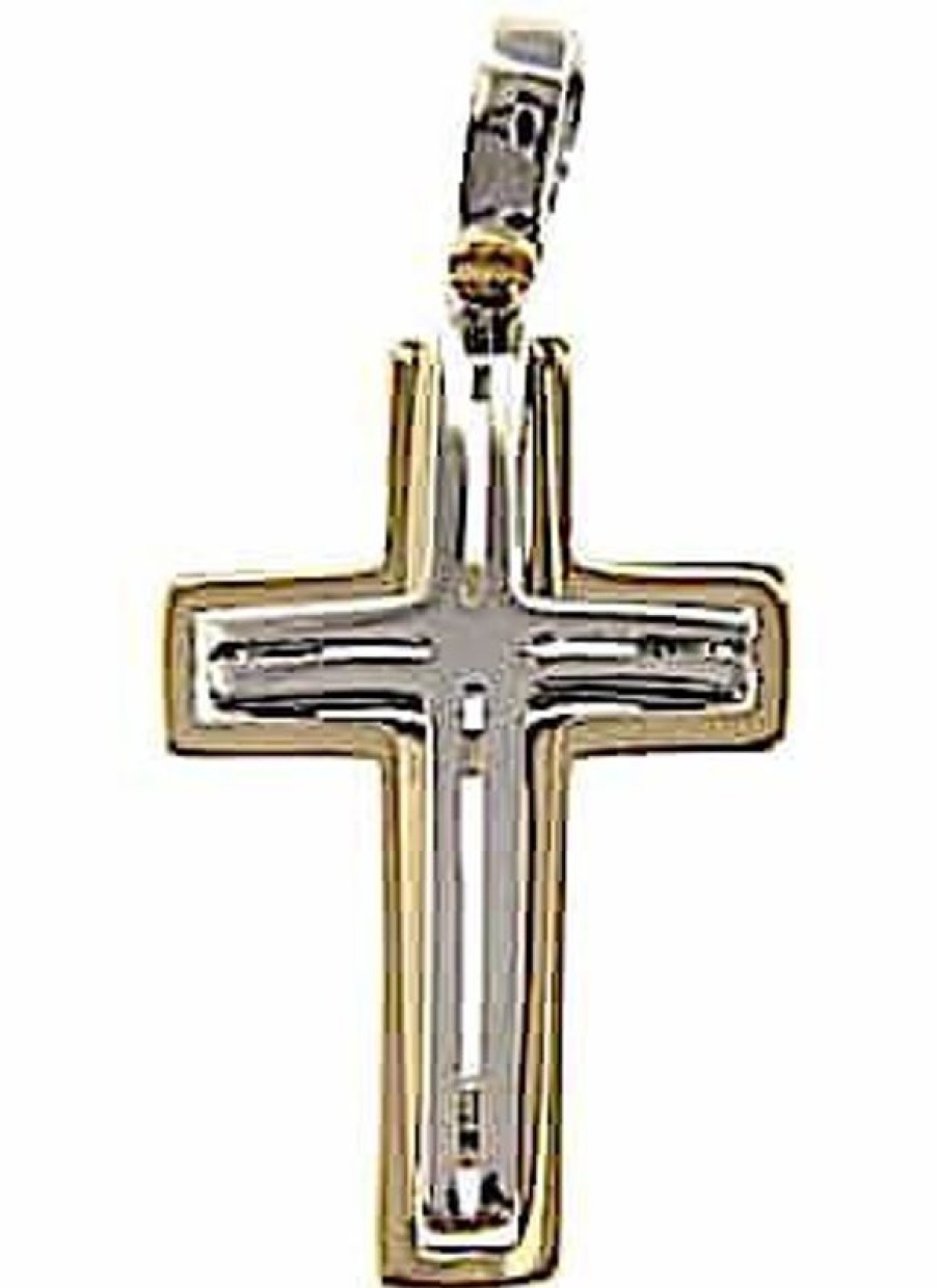 Vaticanum Gioielli in Oro Croce Doppia Traforata Ciondolo Pendente Gr 3,1 Bicolore Oro Massiccio Giallo Bianco 18Kt Uni Donna Uomo First Communion