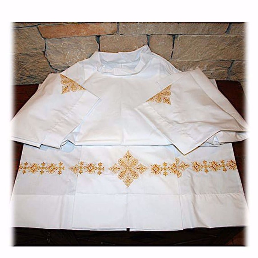 Confezioni e Ricami 1926 - Paramenti Sacri su Misura Su Misura Camicione Liturgico Collo Chiuso Ricamo Oro Croce Floreale Misto Cotone Bianco Catholic Priest & Liturgical Vestments