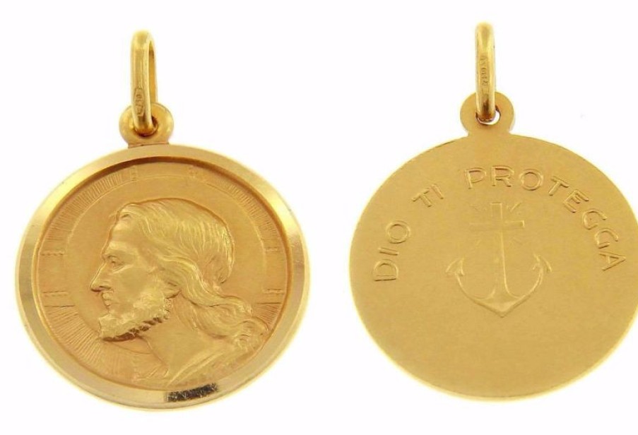 Vaticanum Gioielli in Oro Gesu Cristo Redentore E Preghiera Dio Ti Protegga Medaglia Sacra Pendente Tonda Conio Gr 5 Oro Giallo 18Kt Con Bordo Liscio Da Uomo First Communion