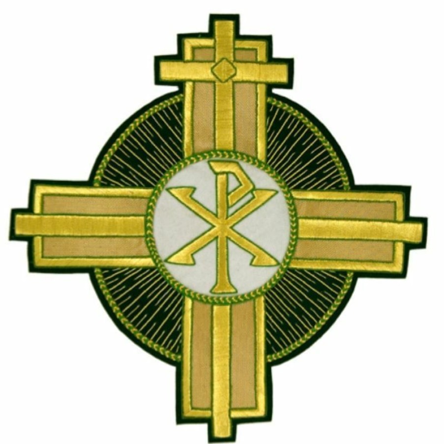 Tessuti al metro per Paramenti Emblema Ricamato Croce Decorazione Tondo Pax H. Cm 26 (10,2 Inch) In Poliestere Verde Smeraldo/Oro Per Velo Omerale E Paramenti Liturgici Catholic Patches & Appliques For Vestments