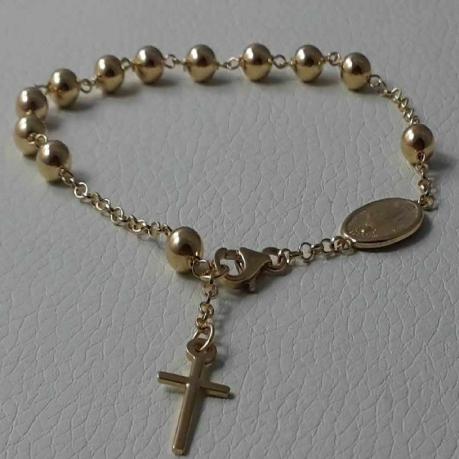 Vaticanum Gioielli in Oro Bracciale Rosario Con Medaglia Madonna Miracolosa E Croce Gr 7,3 Oro Giallo 18Kt Con Sfere Lisce Uni Donna Uomo Baptism