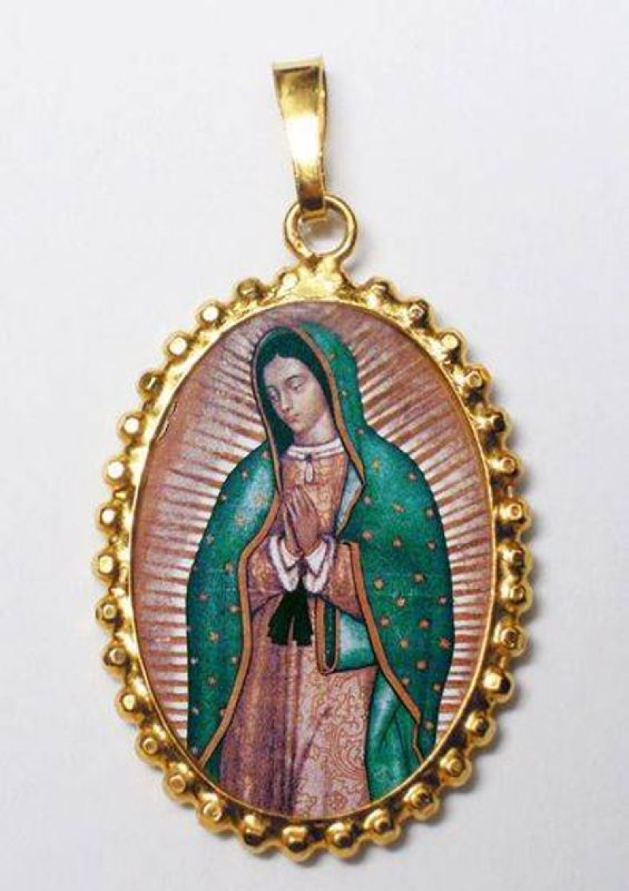 EB Arte Sacra Nostra Signora Di Guadalupe Ciondolo Pendente Ovale A Corona Mm 24X30 (0,94X1,18 Inch) Argento Placcato Oro E Porcellana Da Donna Italian Rosaries & Made In Italy Jewelry