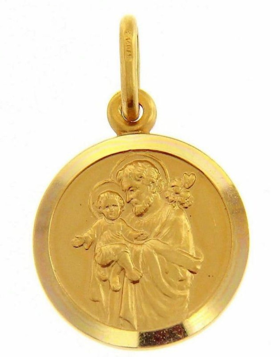 Vaticanum Gioielli in Oro San Giuseppe Con Gesu Bambino Medaglia Sacra Pendente Tonda Conio Gr 2,7 Oro Giallo 18Kt Con Bordo Liscio Da Uomo Italian Rosaries & Made In Italy Jewelry