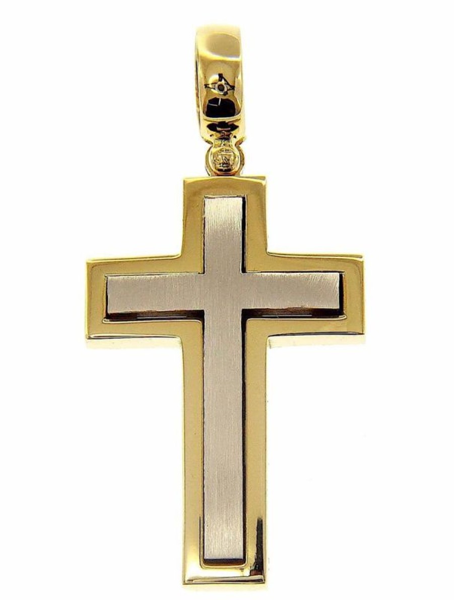 Vaticanum Gioielli in Oro Croce Doppia Dritta Ciondolo Pendente Gr 10,7 Bicolore Oro Massiccio Giallo Bianco 18Kt Uni Donna Uomo First Communion