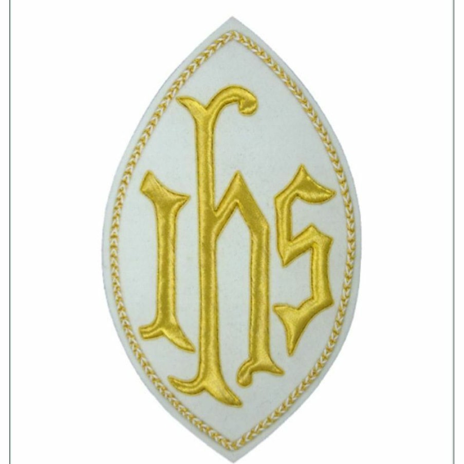 Tessuti al metro per Paramenti Emblema Ricamato Ovale Decorazione Jhs H. Cm 23 (9,1 Inch) In Poliestere Oro/Bianco Per Velo Omerale E Paramenti Liturgici Catholic Patches & Appliques For Vestments