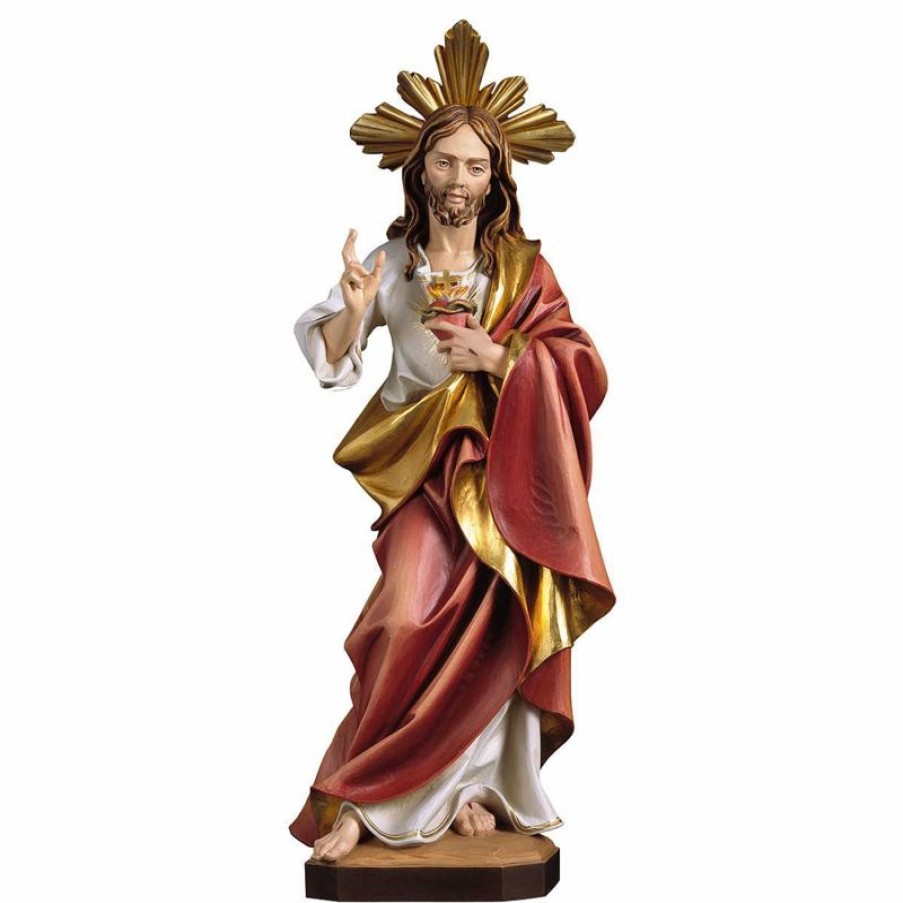 ULPE Sculture Sacre in legno Val Gardena Sacro Cuore Di Gesu Con Raggiera Cm 30 (11,8 Inch) Statua Dipinta Ad Olio In Legno Val Gardena Religious & Catholic Medals