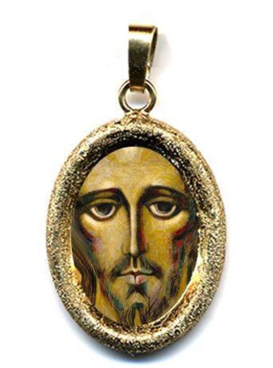 EB Arte Sacra Cristo Di Kiko Ciondolo Pendente Ovale Diamantato Mm 19X24 (0,75X0,95 Inch) Argento Placcato Oro E Porcellana Uni Uomo Donna Italian Rosaries & Made In Italy Jewelry