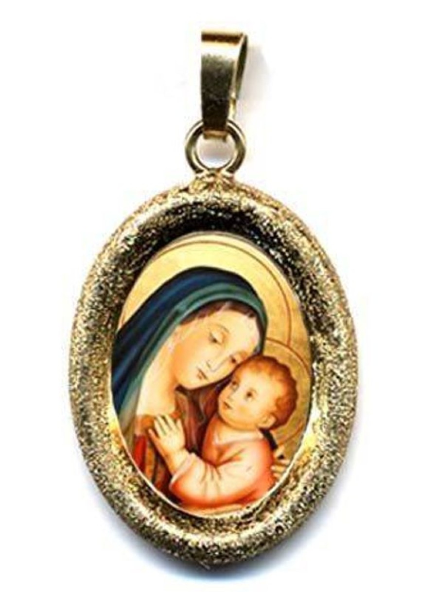 EB Arte Sacra Madonna Del Buon Consiglio Ciondolo Pendente Ovale Diamantato Mm 19X24 (0,75X0,95 Inch) Argento Placcato Oro E Porcellana Uni Uomo Donna Confirmation