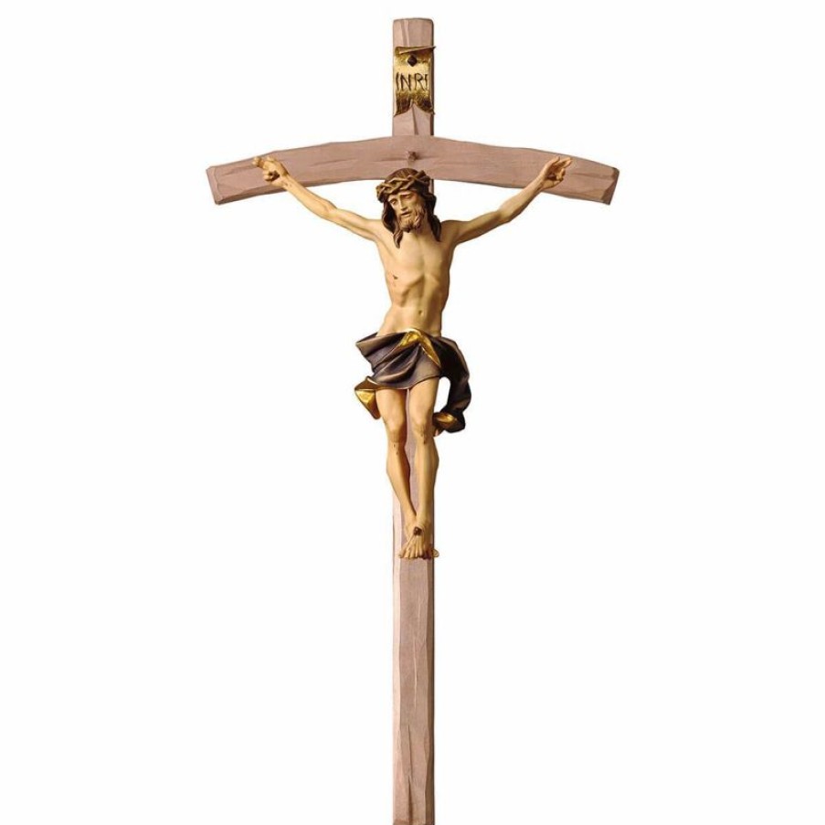 ULPE Crocifisso Nazareno Barocco Romanico Crocifisso Nazareno Blu Su Croce Curva Cm 180X90 (70,9X35,4 Inch) Scultura Da Parete Dipinta Ad Olio In Legno Val Gardena Jesus Statues