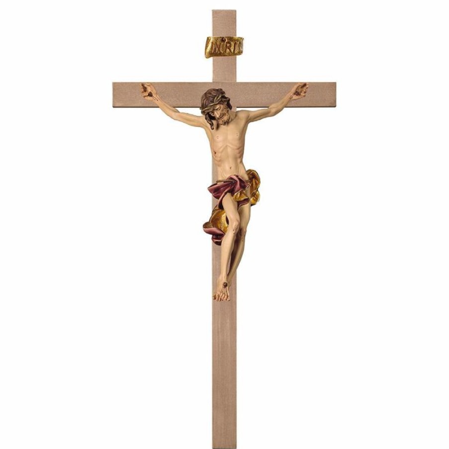 ULPE Crocifisso Nazareno Barocco Romanico Crocifisso Barocco Rosso Su Croce Liscia Cm 78X41 (30,7X16,1 Inch) Scultura Da Parete Dipinta Ad Olio In Legno Val Gardena Saints Statues