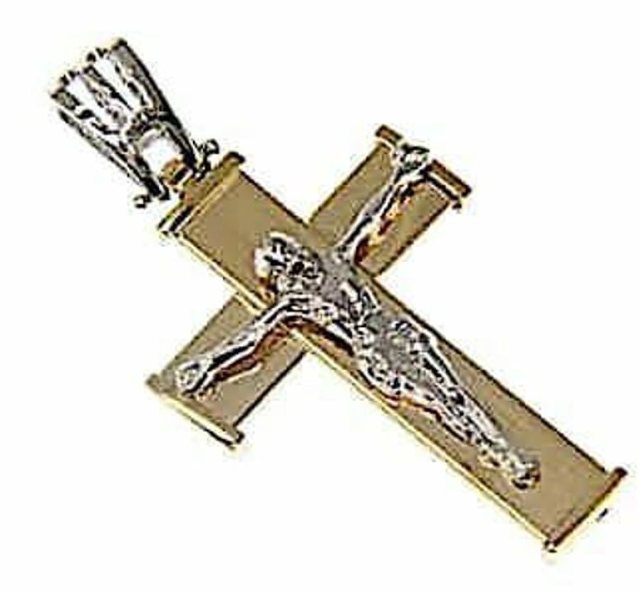 Vaticanum Gioielli in Oro Croce Dritta Con Corpo Di Cristo Ciondolo Pendente Gr 3,2 Bicolore Oro Giallo Bianco 18Kt A Canna Vuota Uni Donna Uomo First Communion