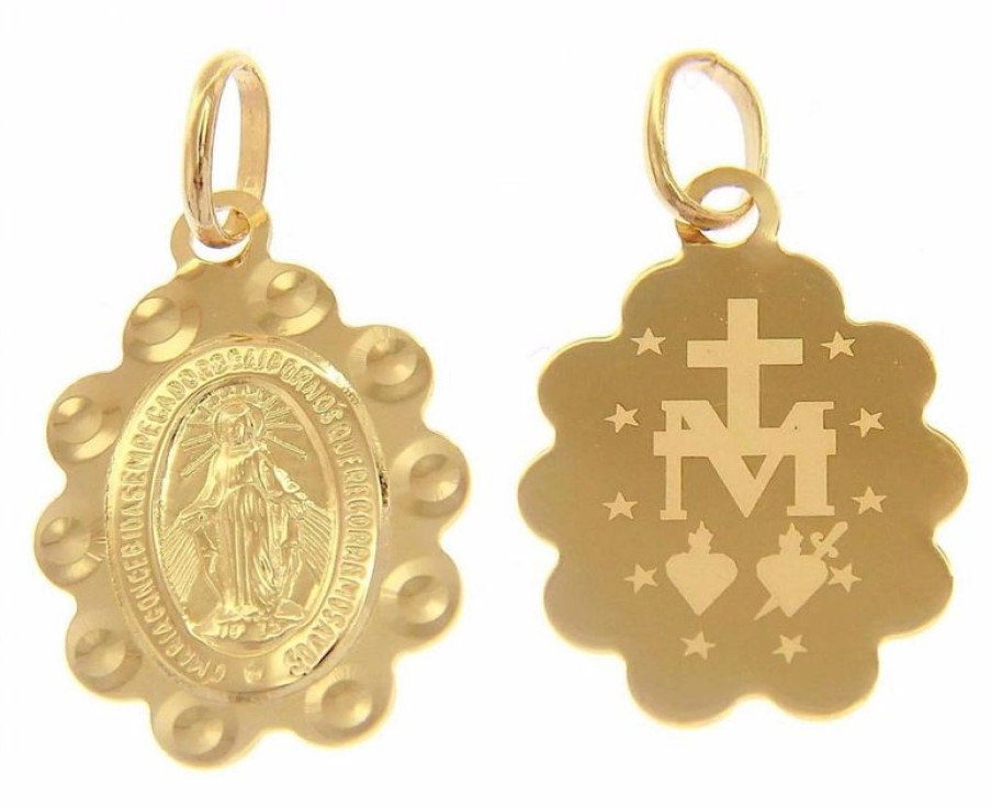 Vaticanum Gioielli in Oro Madonna Miracolosa O Maria Concebida Sem Pecado, Rogai Por Nos Medaglia Sacra Pendente Gr 1,25 Oro Giallo 18Kt Retro Inciso Bordo A Fiore Confirmation