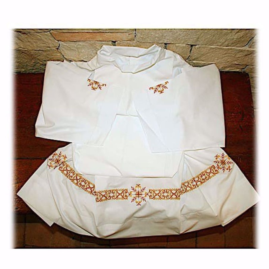 Confezioni e Ricami 1926 - Paramenti Sacri su Misura Su Misura Camicione Liturgico Collo Chiuso Ricamo Geometrico Colorato Misto Cotone Bianco Catholic Priest & Liturgical Vestments