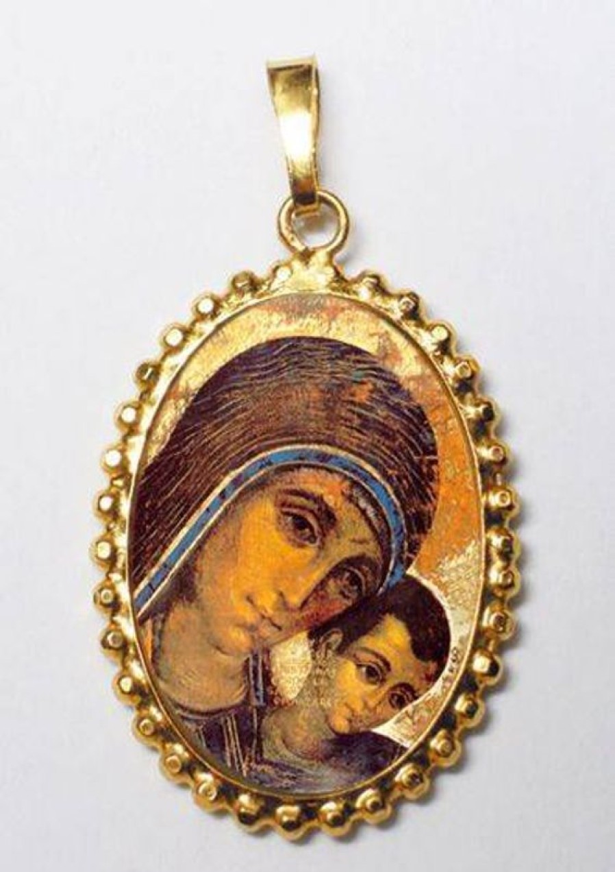 EB Arte Sacra Madonna Del Cammino Ciondolo Pendente Ovale A Corona Mm 24X30 (0,94X1,18 Inch) Argento Placcato Oro E Porcellana Da Donna Italian Rosaries & Made In Italy Jewelry