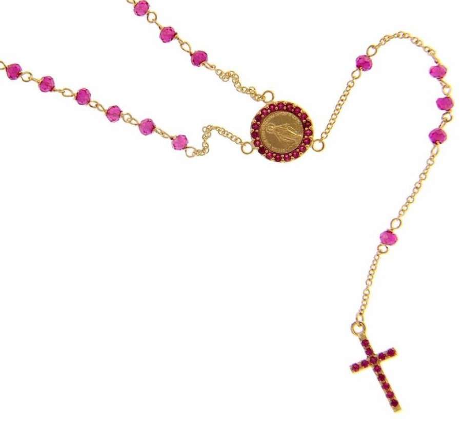 Vaticanum Gioielli in Oro Collana Rosario Lunga Con Medaglia Madonna Miracolosa E Croce Punti Luce E Rubino Opaco Gr 4 Oro Giallo 18Kt Con Zirconi Rossi Da Donna E Bimba Baptism