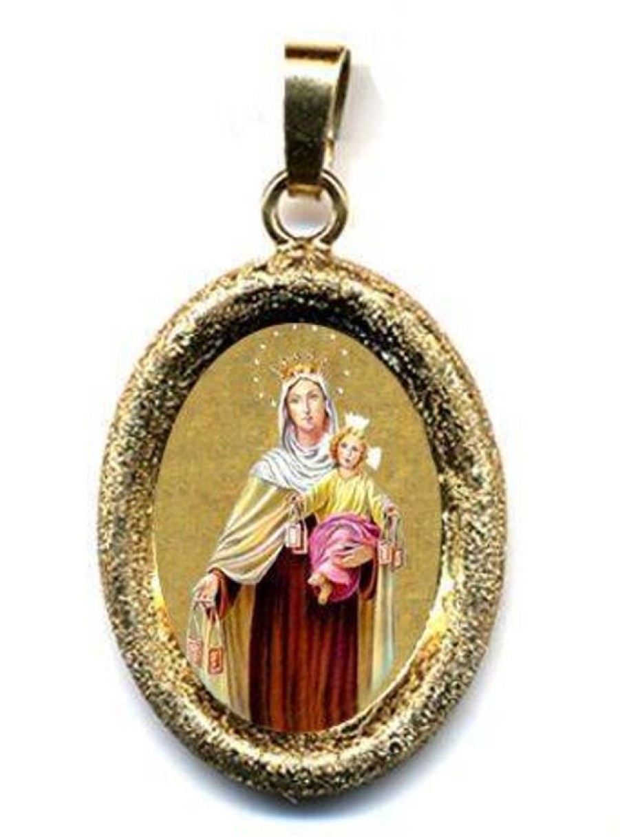 EB Arte Sacra Madonna Del Carmelo Ciondolo Pendente Ovale Diamantato Mm 19X24 (0,75X0,95 Inch) Argento Placcato Oro E Porcellana Uni Uomo Donna Italian Rosaries & Made In Italy Jewelry