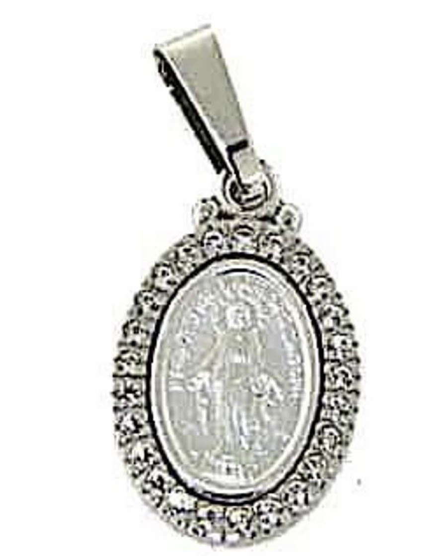 Vaticanum Gioielli in Oro Madonna Miracolosa Con Corona Punti Luce Medaglia Sacra Pendente Ovale Conio Gr 3 Oro Bianco 18Kt Con Zirconi Da Donna Baptism