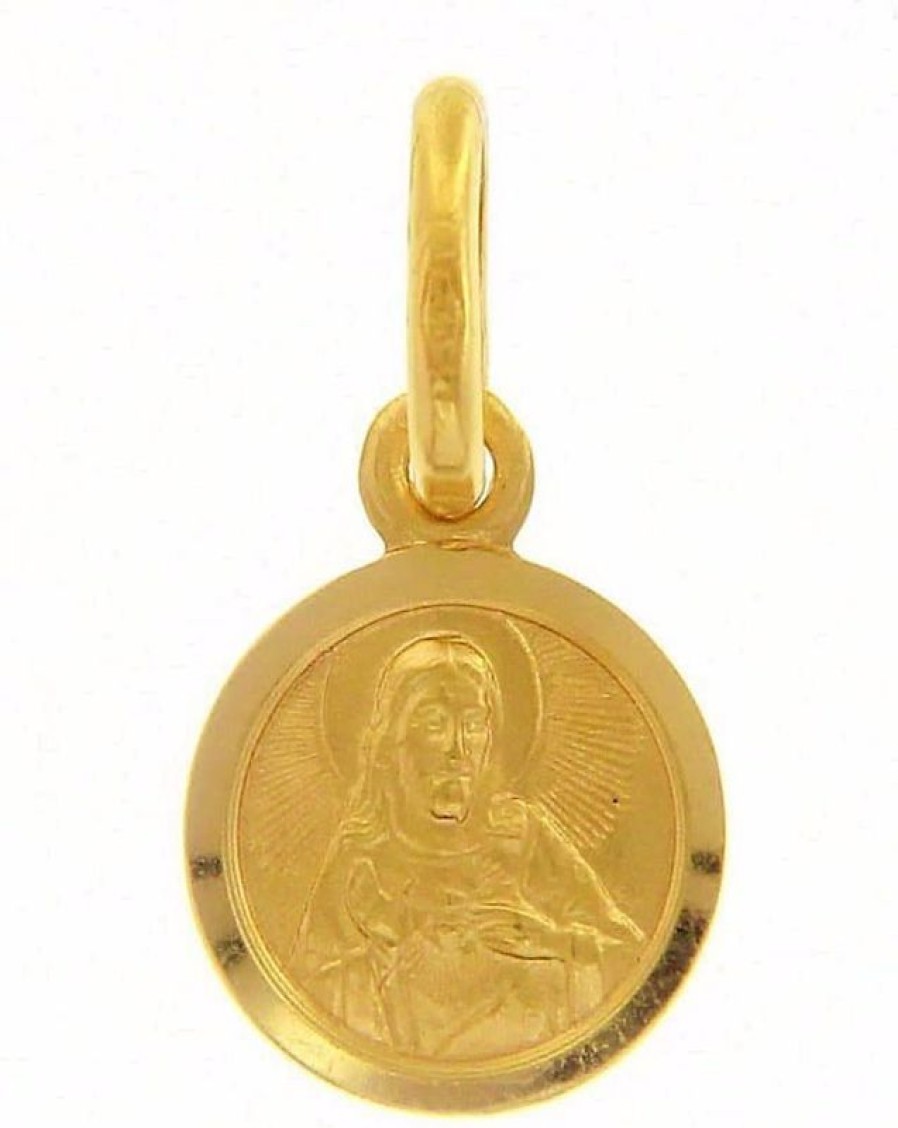 Vaticanum Gioielli in Oro Sacro Cuore Di Gesu Medaglia Sacra Pendente Tonda Conio Gr 0,9 Oro Giallo 18Kt Con Bordo Liscio Uni Donna Uomo Italian Rosaries & Made In Italy Jewelry