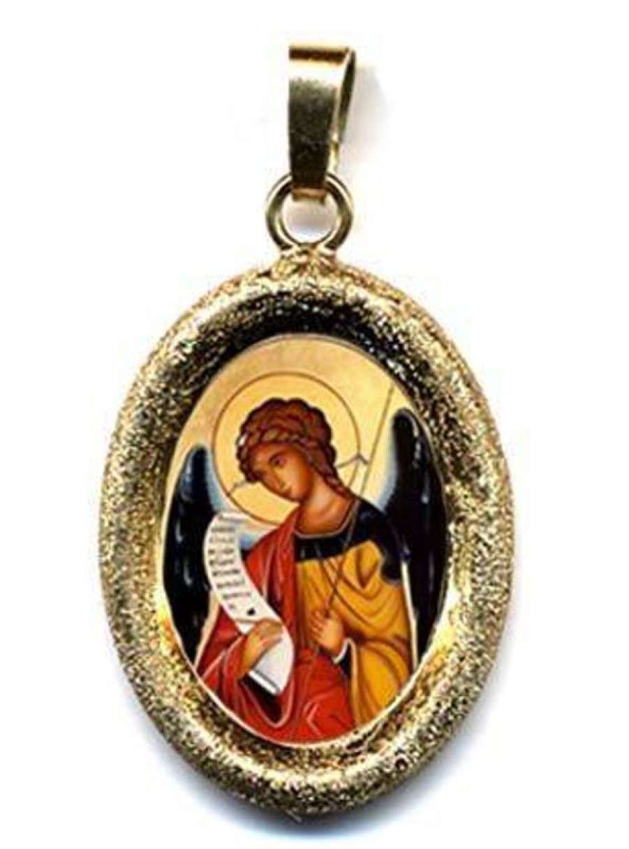 EB Arte Sacra Arcangelo Gabriele Ciondolo Pendente Ovale Diamantato Mm 19X24 (0,75X0,95 Inch) Argento Placcato Oro E Porcellana Uni Uomo Donna E Bambini Baptism