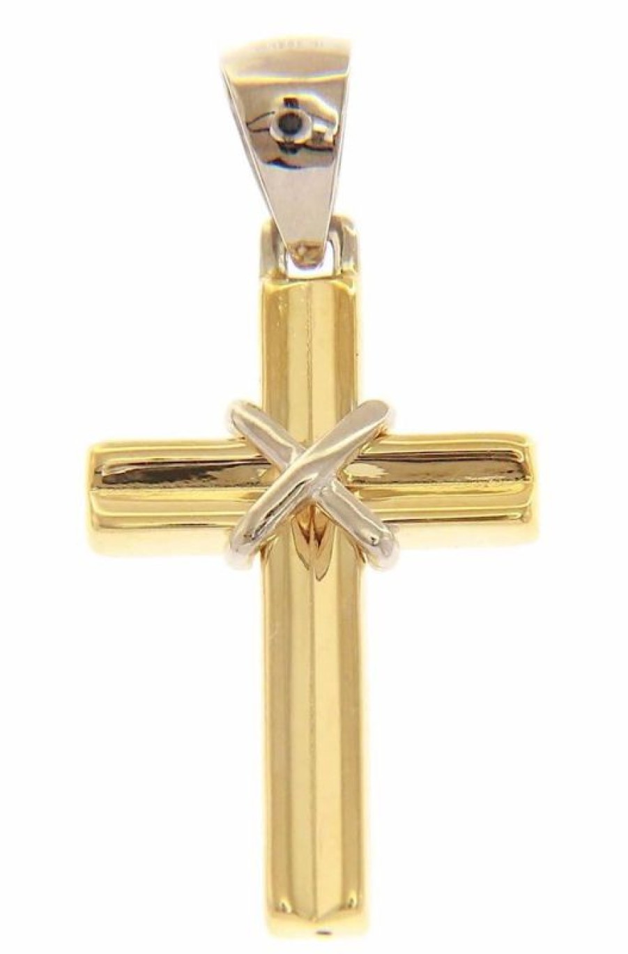 Vaticanum Gioielli in Oro Croce Dritta Concava Con Nodo Ciondolo Pendente Gr 1,45 Bicolore Oro Giallo Bianco 18Kt A Canna Vuota Uni Donna Uomo First Communion