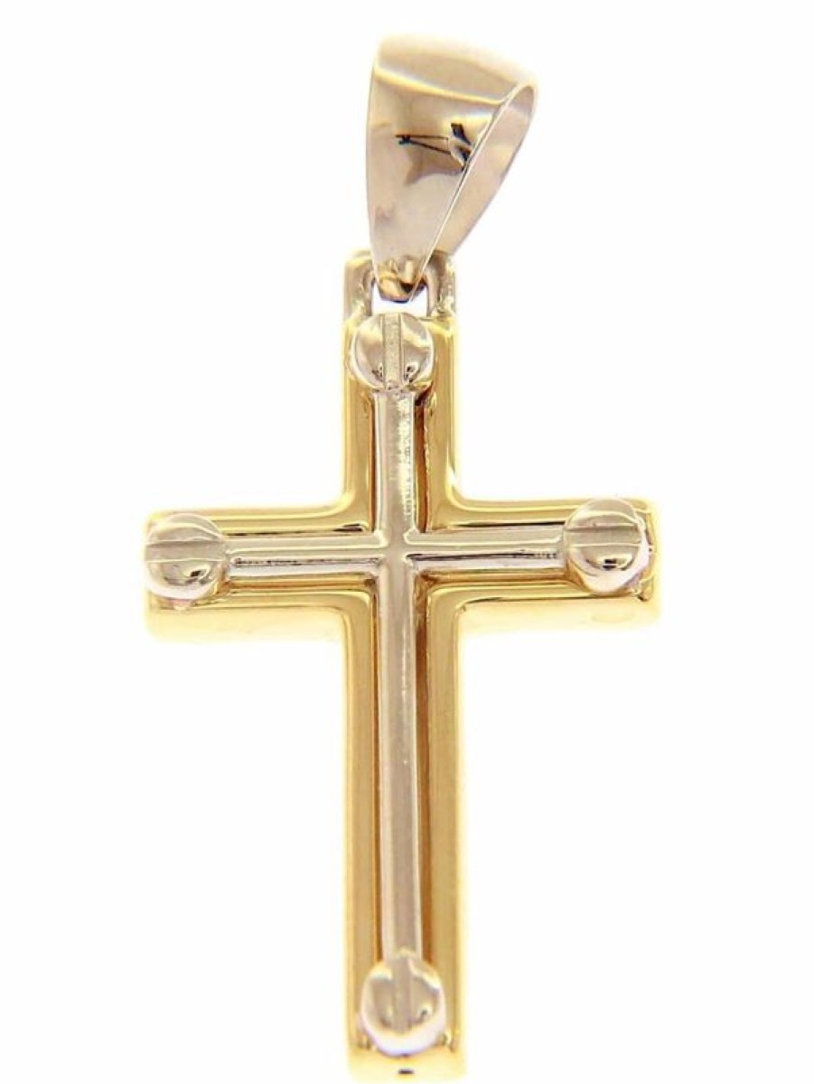 Vaticanum Gioielli in Oro Croce Doppia Stile Moderno Ciondolo Pendente Gr 1,8 Bicolore Oro Giallo Bianco 18Kt A Canna Vuota Uni Donna Uomo First Communion